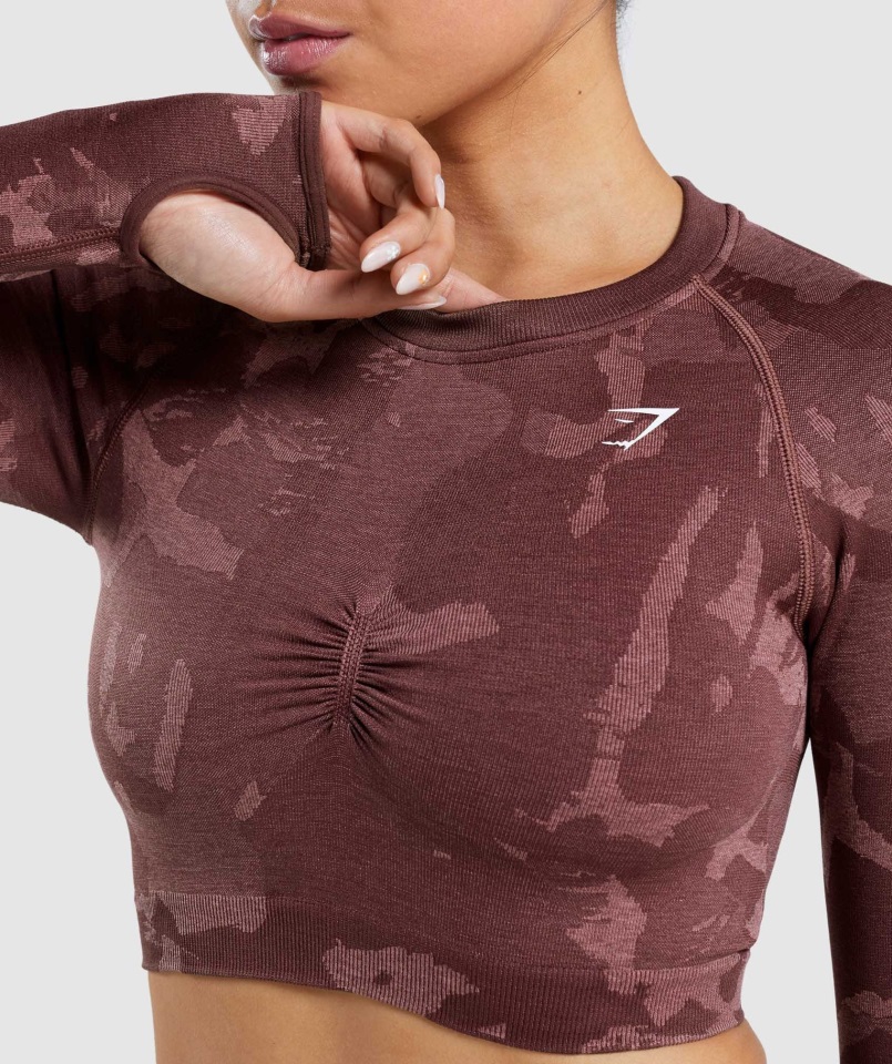 Gymshark Adapt Camo Crop Top De Manga Larga Sin Costuras Marrón Sabana-cereza