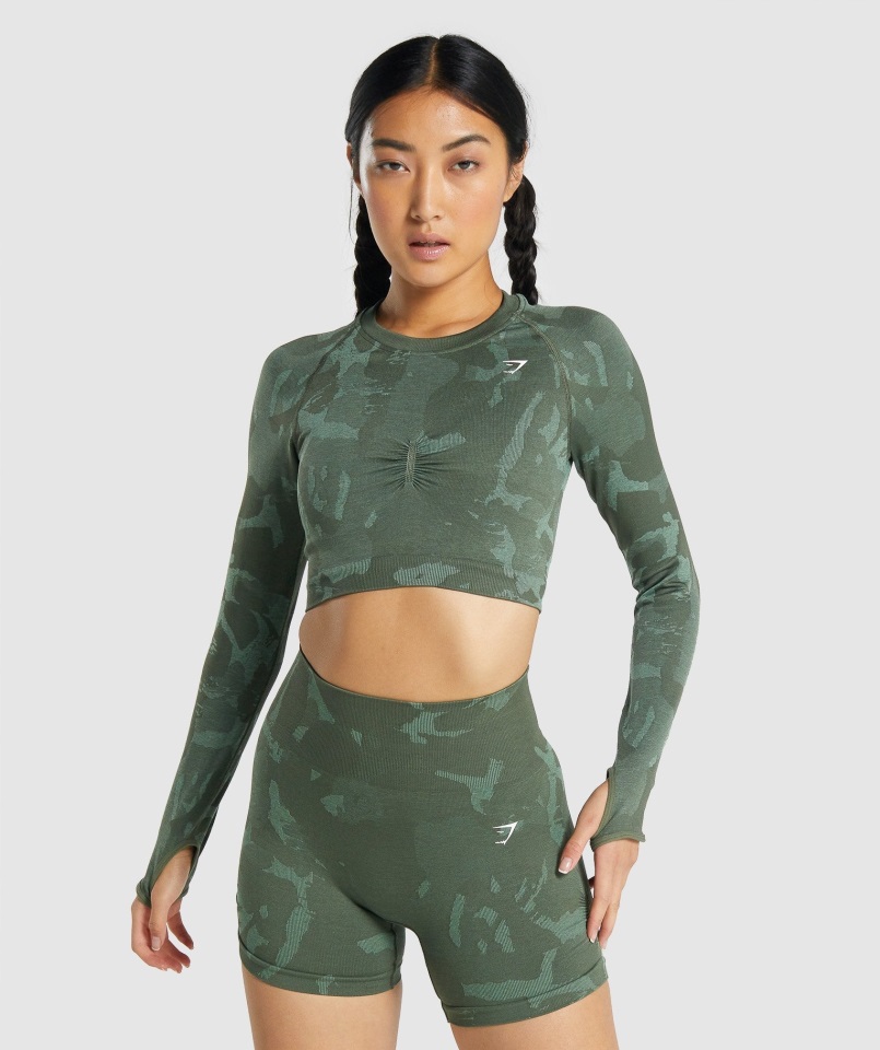 Gymshark Adapt Camo Crop Top De Manga Larga Sin Costuras Sabana-verde