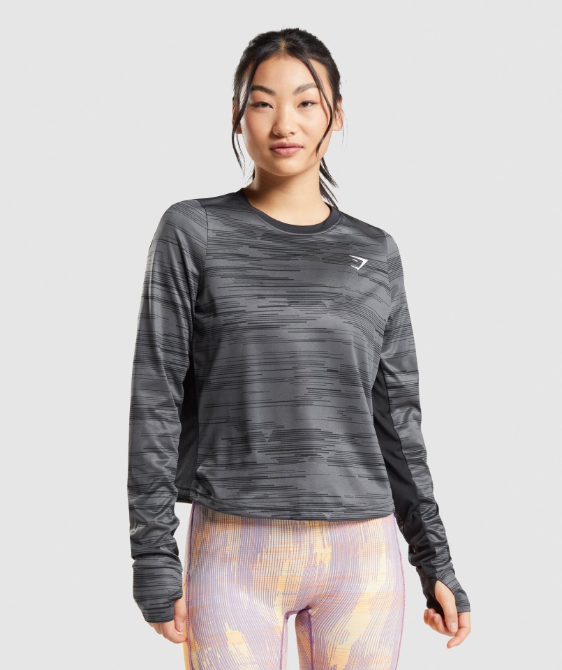 Gymshark Camiseta Deportiva Suelta De Manga Larga Negra Con Estampado