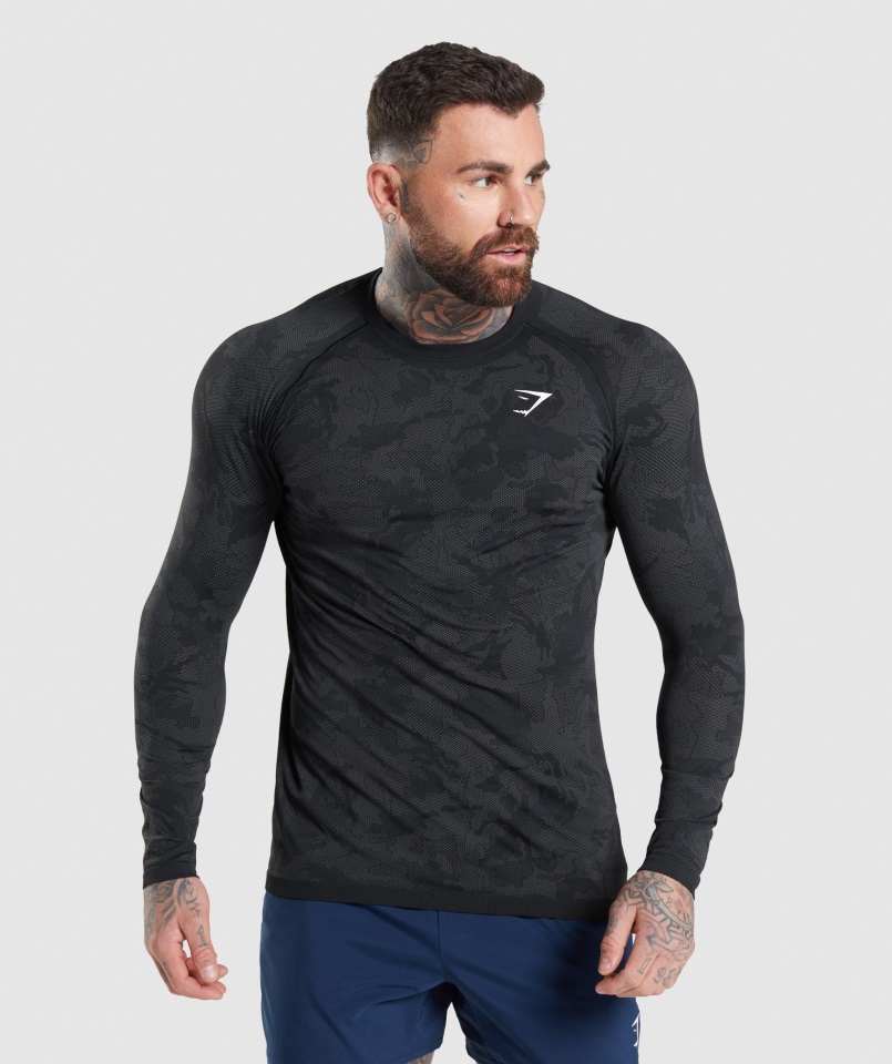 Camiseta Gymshark Geo Seamless Manga Larga Negro-gris Carbón