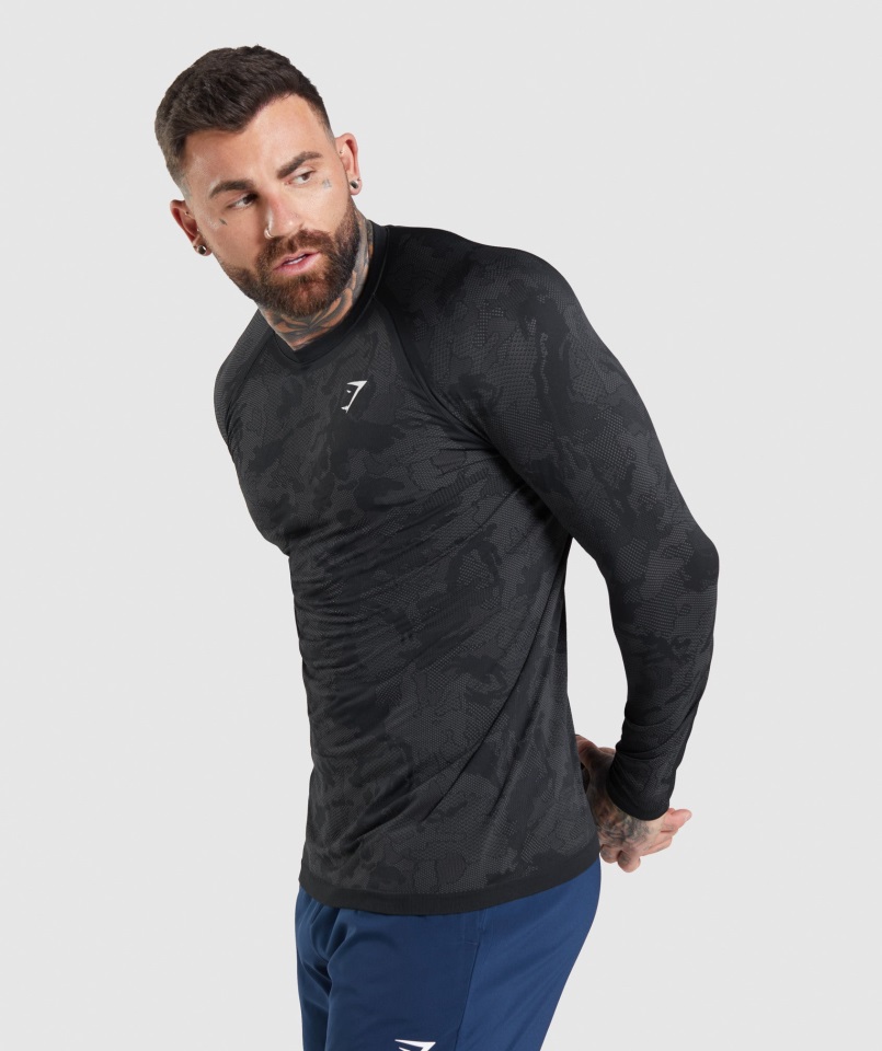 Camiseta Gymshark Geo Seamless Manga Larga Negro-gris Carbón