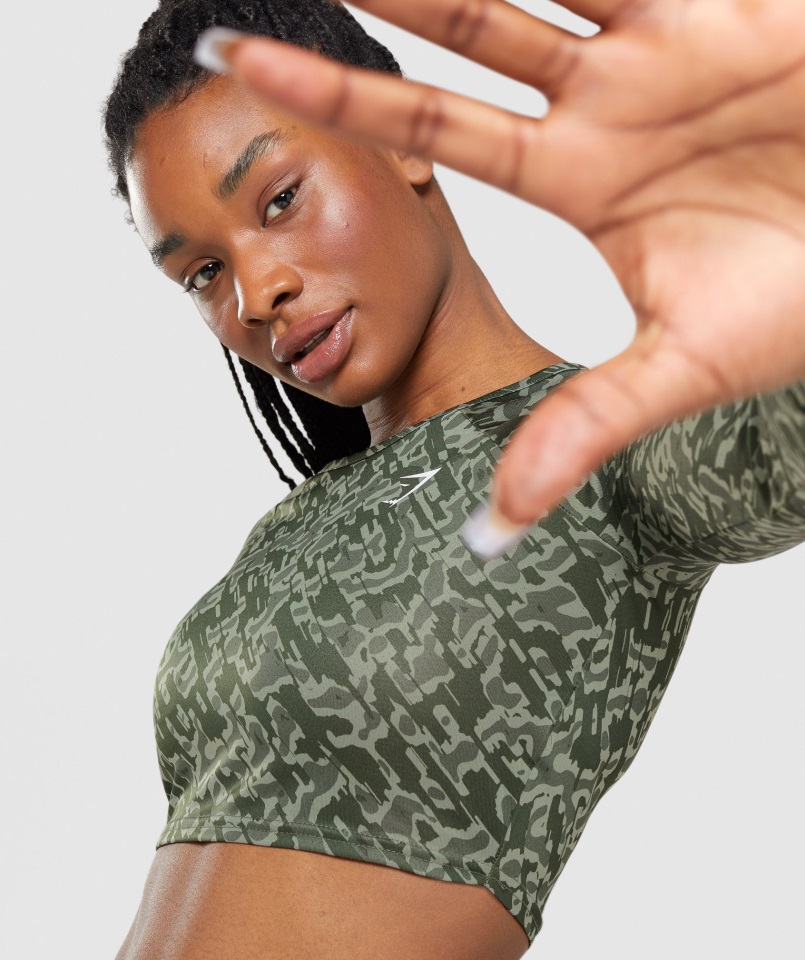 Top Corto De Entrenamiento De Manga Larga Con Estampado Verde Gymshark