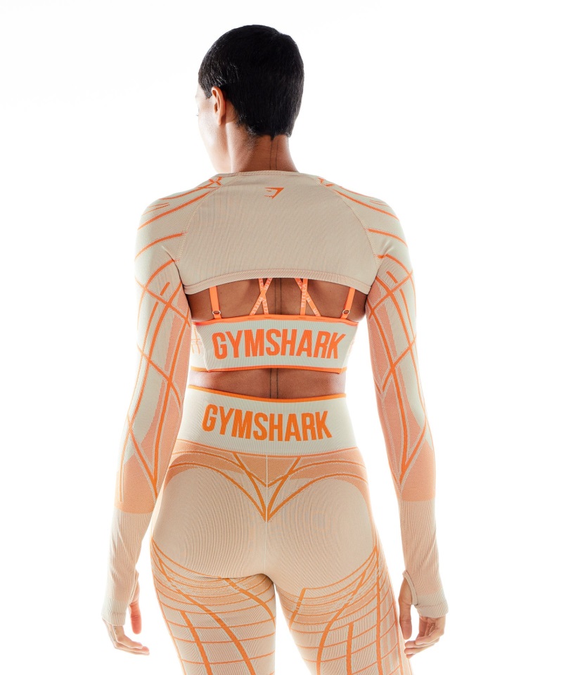 Gymshark Guijarro Gris-naranja-coco Blanco Wtflex Lineal Sin Costuras Encogimiento De Hombros De Manga Larga