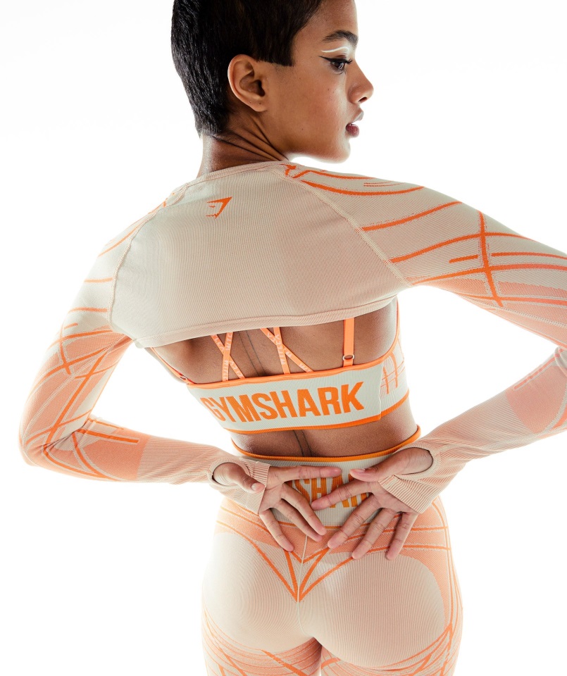 Gymshark Guijarro Gris-naranja-coco Blanco Wtflex Lineal Sin Costuras Encogimiento De Hombros De Manga Larga