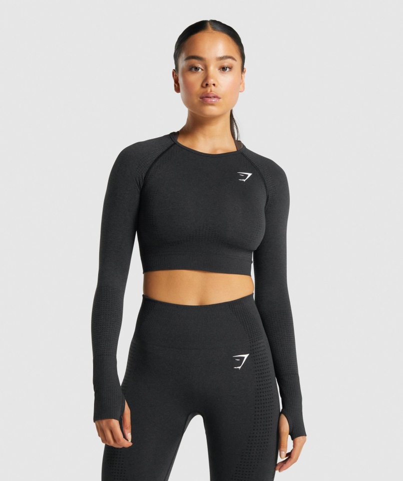 Gymshark Vital Seamless 2.0 Top Corto De Manga Larga Negro Jaspeado