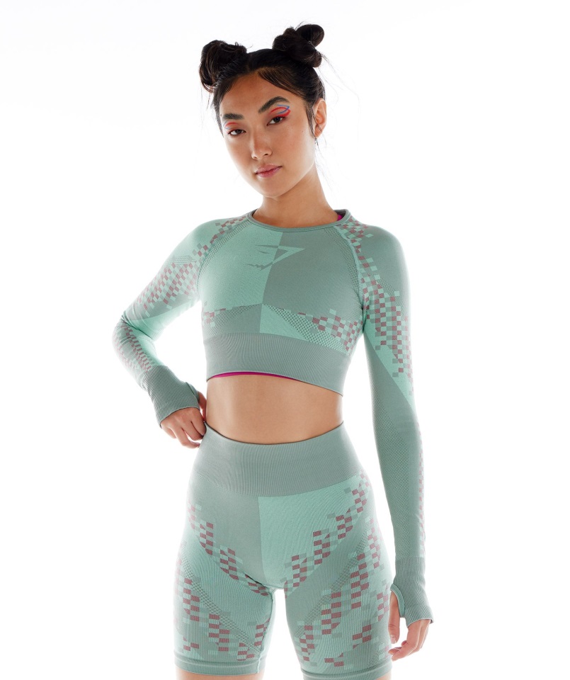 Gymshark Wtflex Cyborg Crop Top De Manga Larga Sin Costuras Maya Blue-hibiscus Pink-turbo Blue